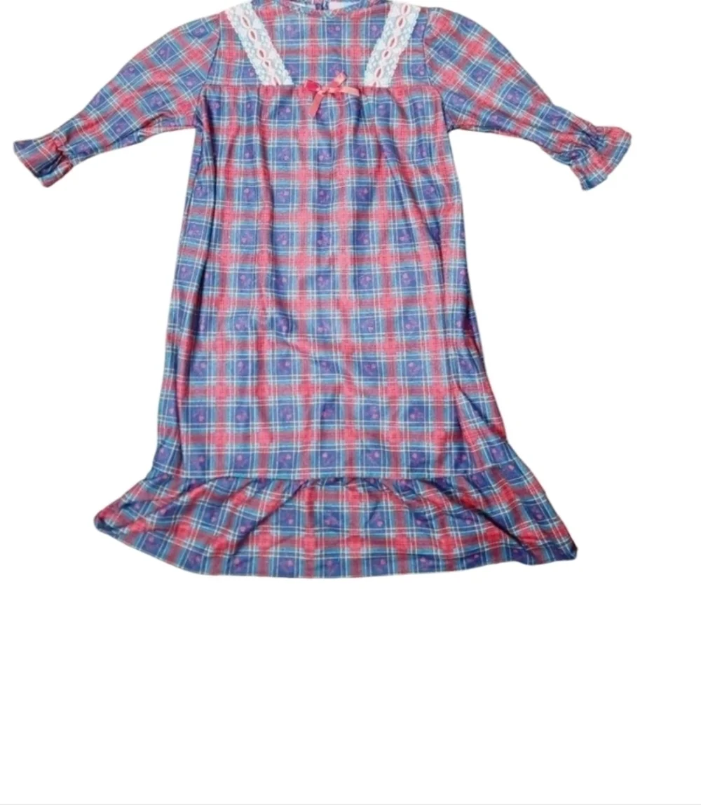 Vintage 90s Girls Red Green Plaid Hearts Ruffle Night Gown Dress size 4